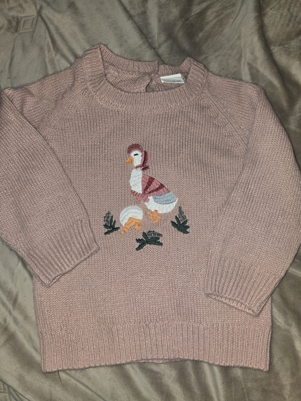 Girls' Pink Knit Sweater with Goose Embroidery